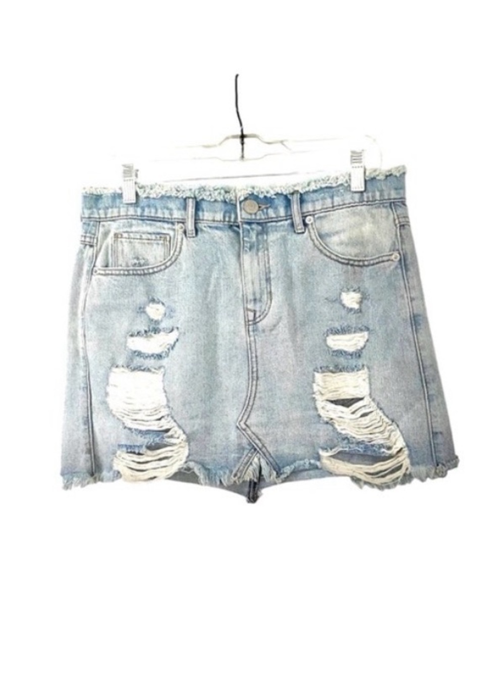 Express Straight Mini Mid Rise Distressed Light Wash Jean Denim Skirt Size 8 - Picture 2 of 14